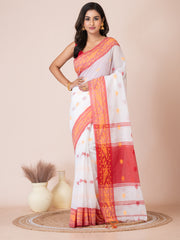 White & Red silk cotton woven design handloom saree