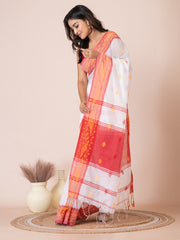 White & Red silk cotton woven design handloom saree