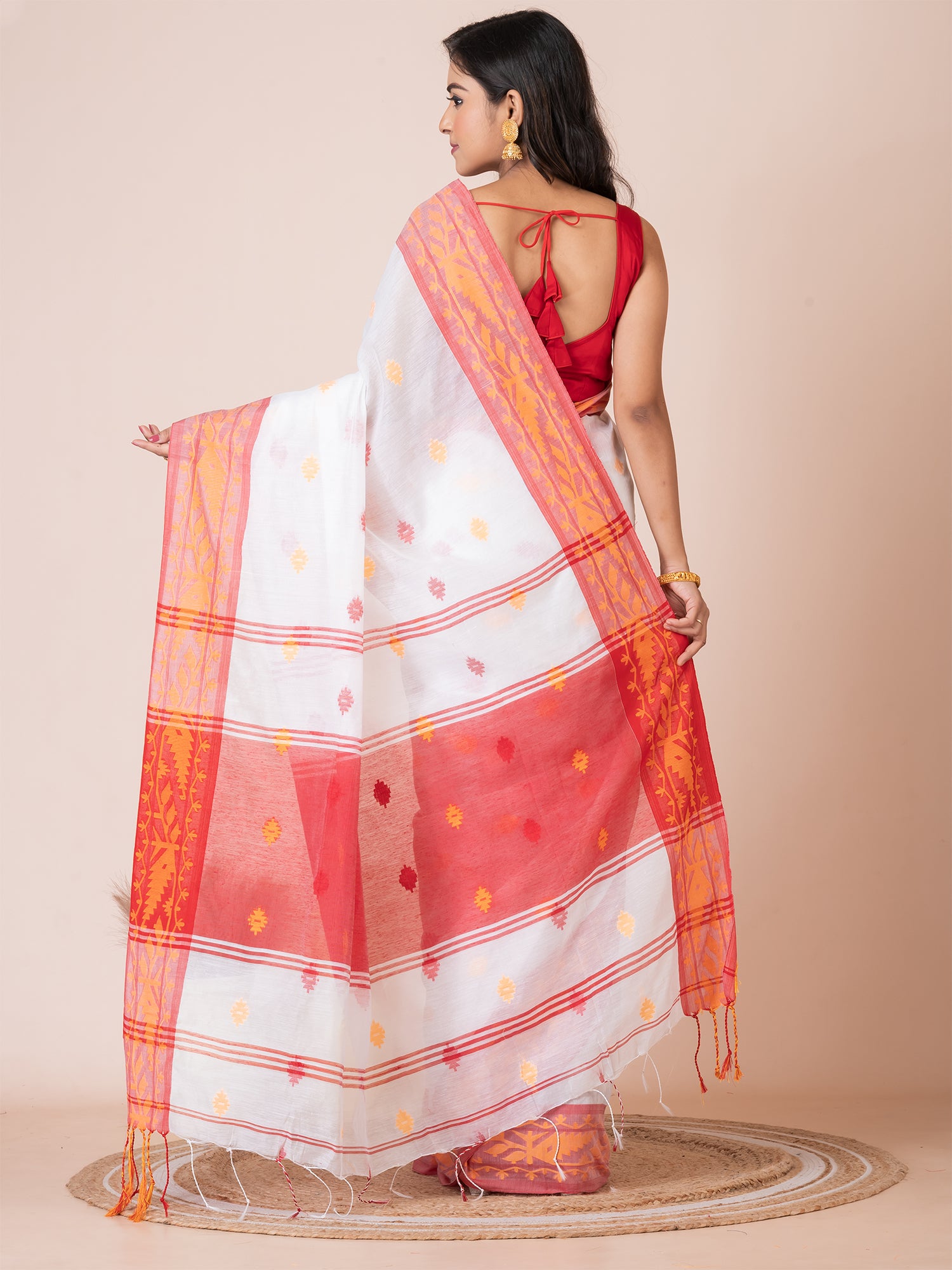 White & Red silk cotton woven design handloom saree