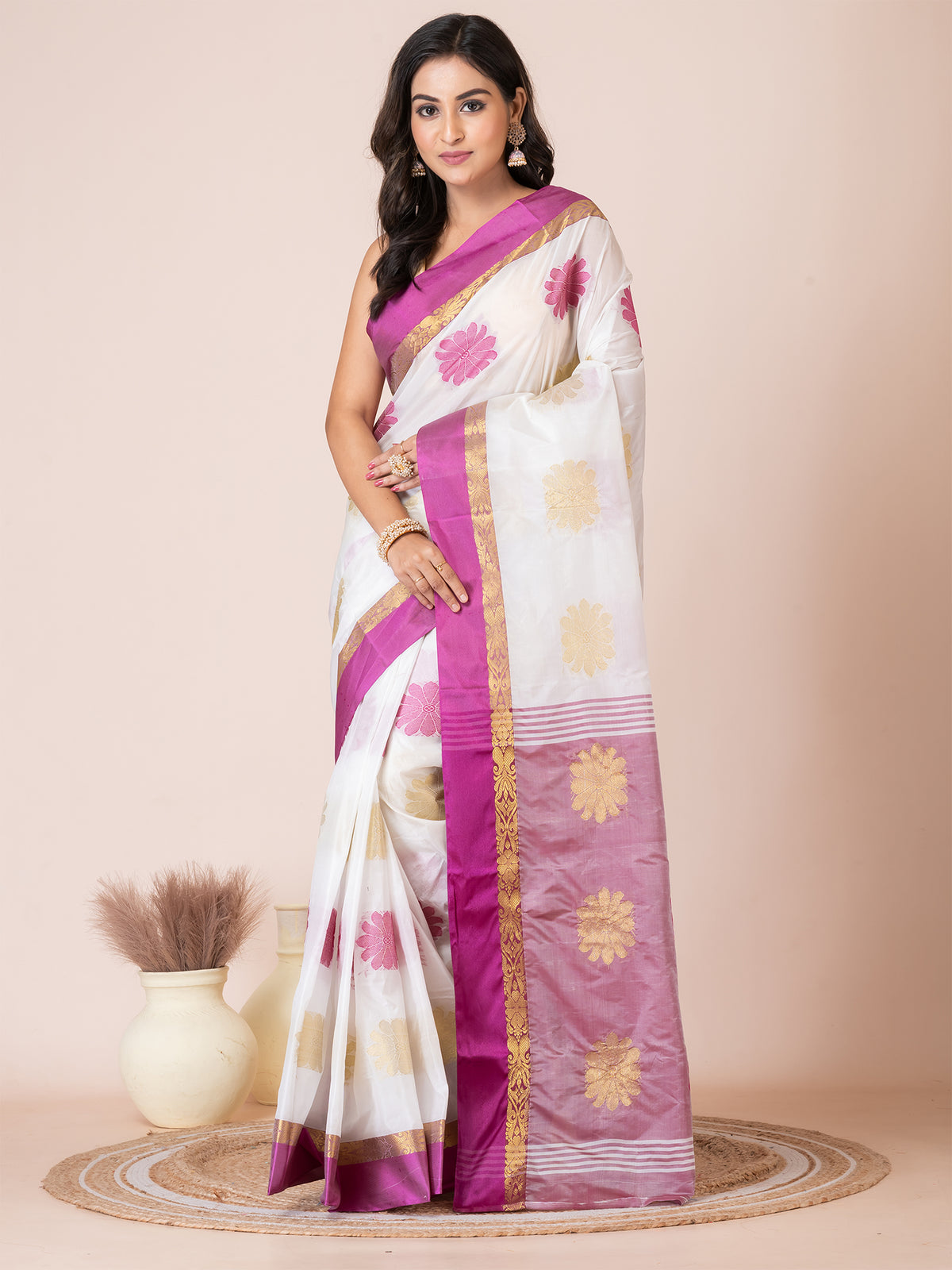 White & Purple silk floral design zari work Tussar silk saree