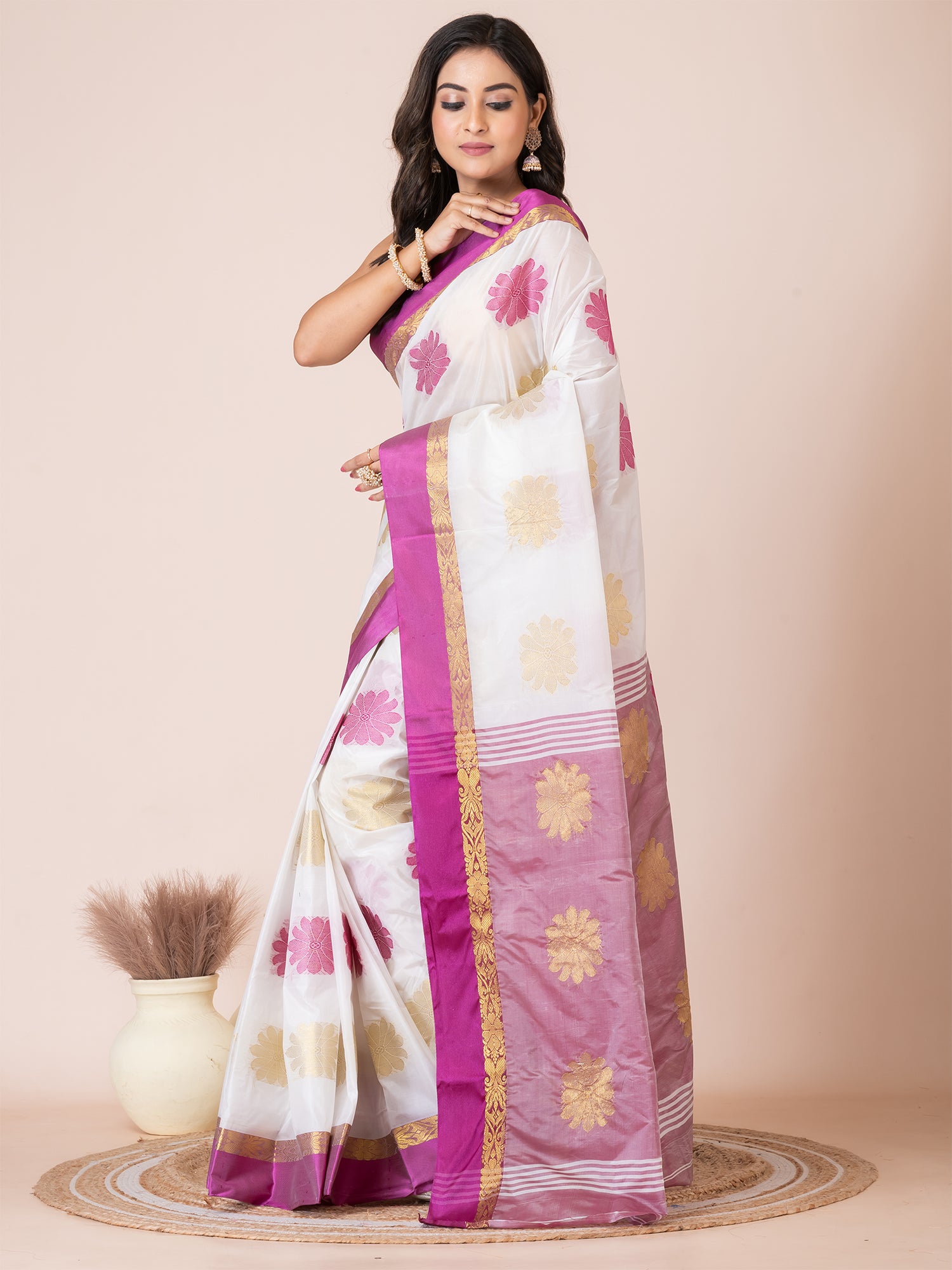 White & Purple silk floral design zari work Tussar silk saree