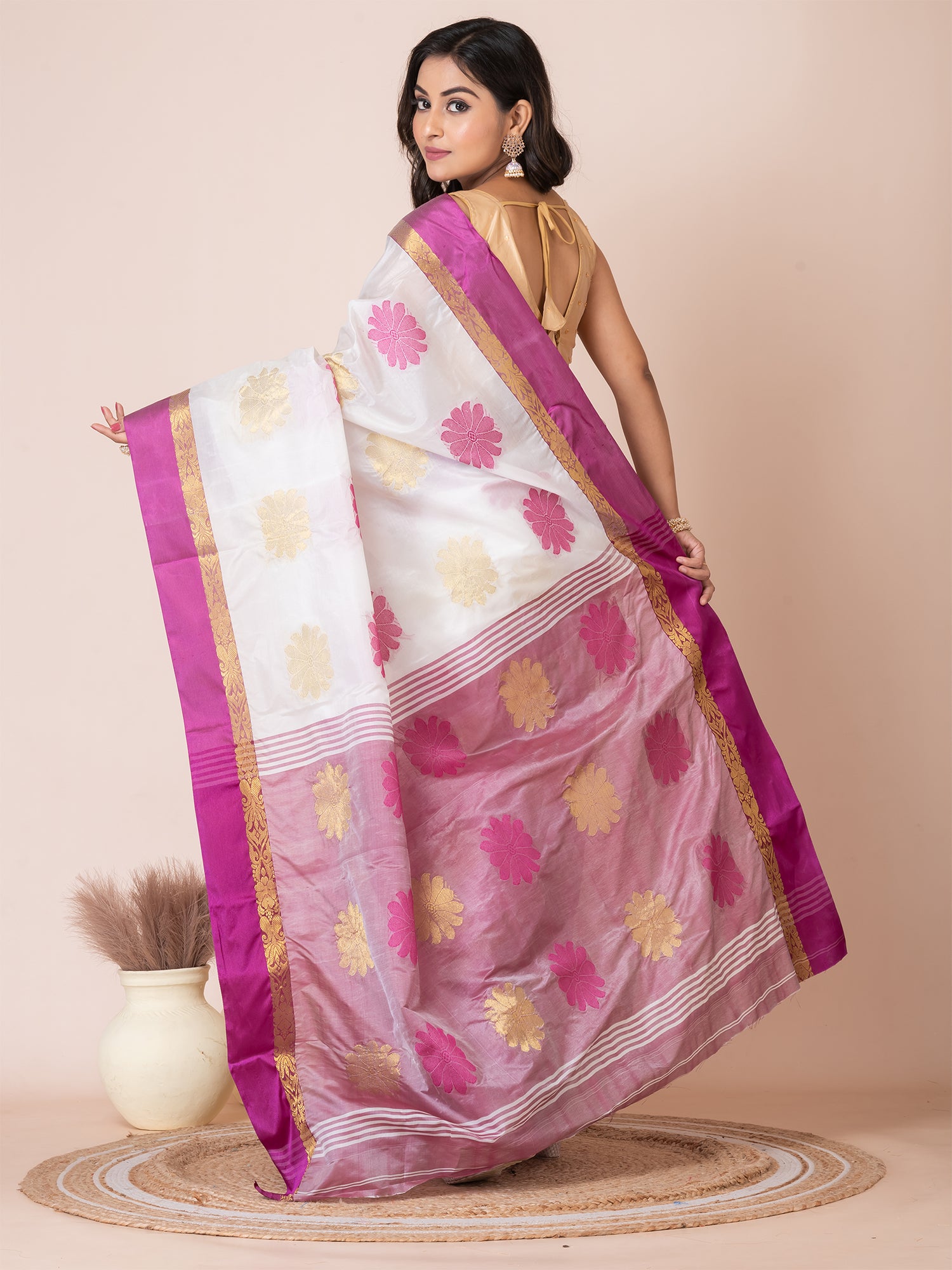 White & Purple silk floral design zari work Tussar saree