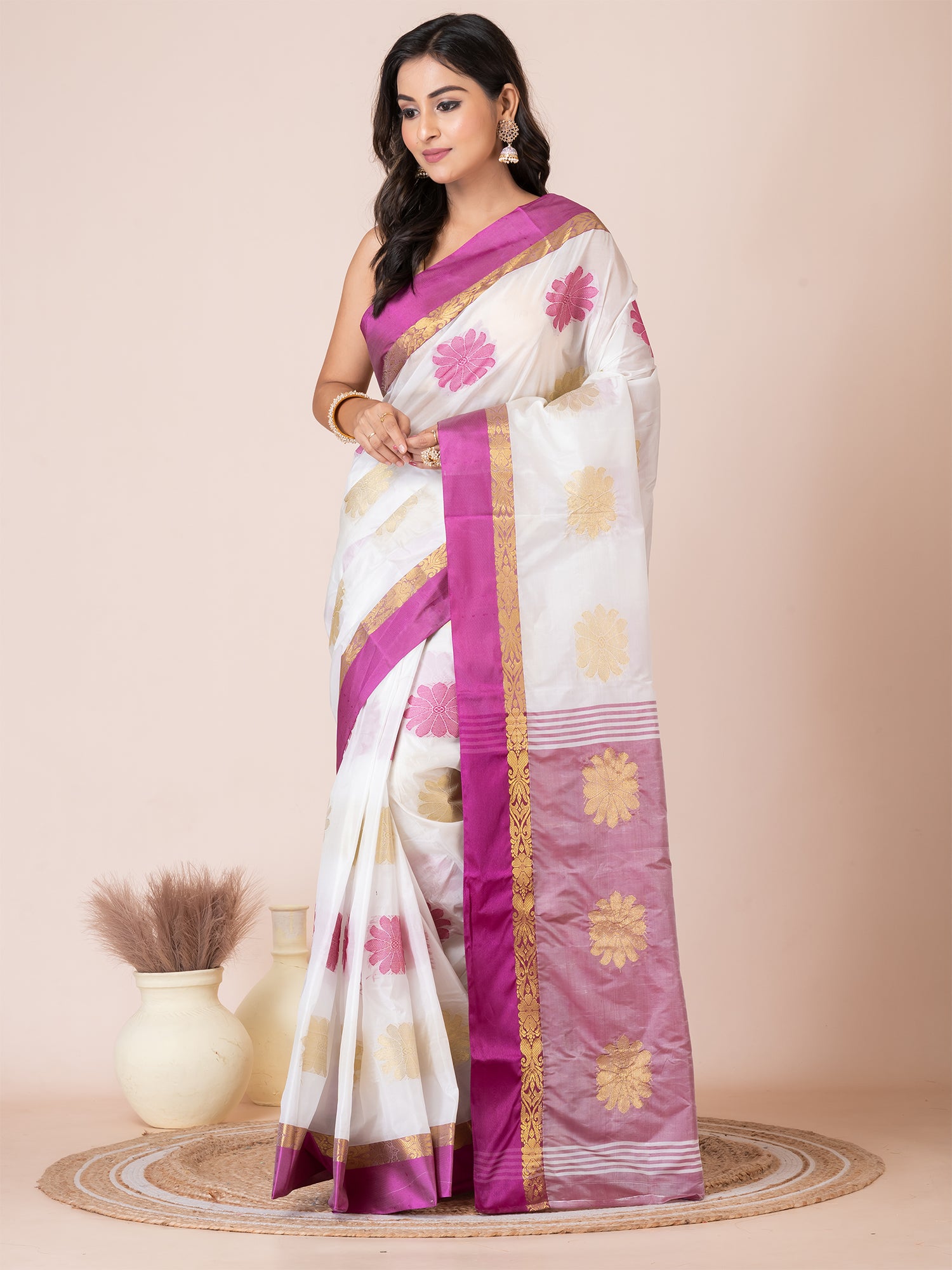 White & Purple silk floral design zari work Tussar saree