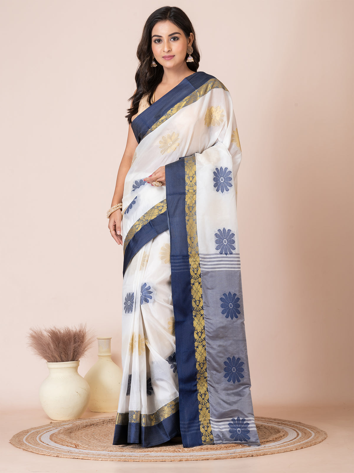 Off White & Grey silk floral design zari work Tussar saree