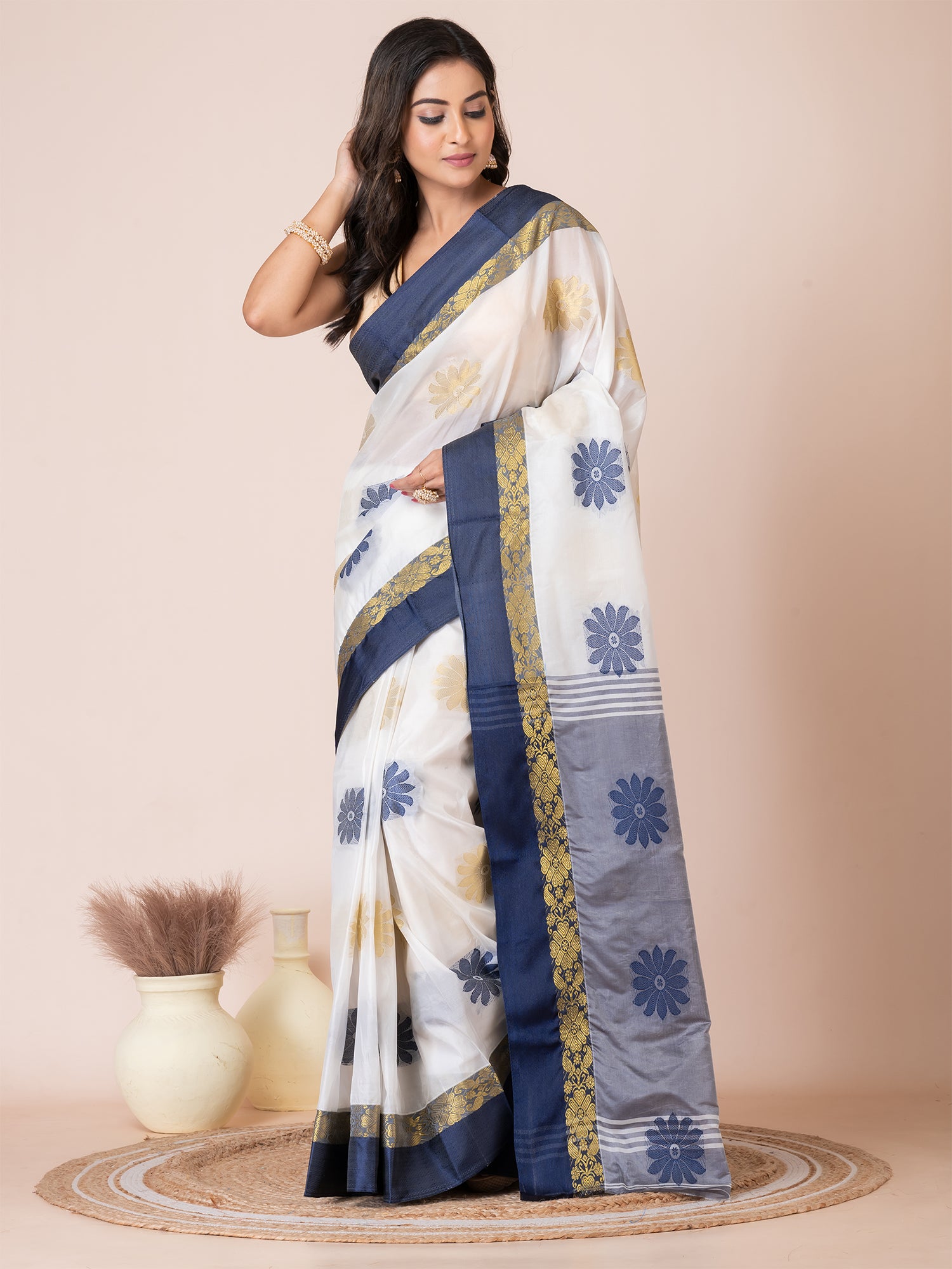 Off White & Grey silk floral design zari work Tussar saree