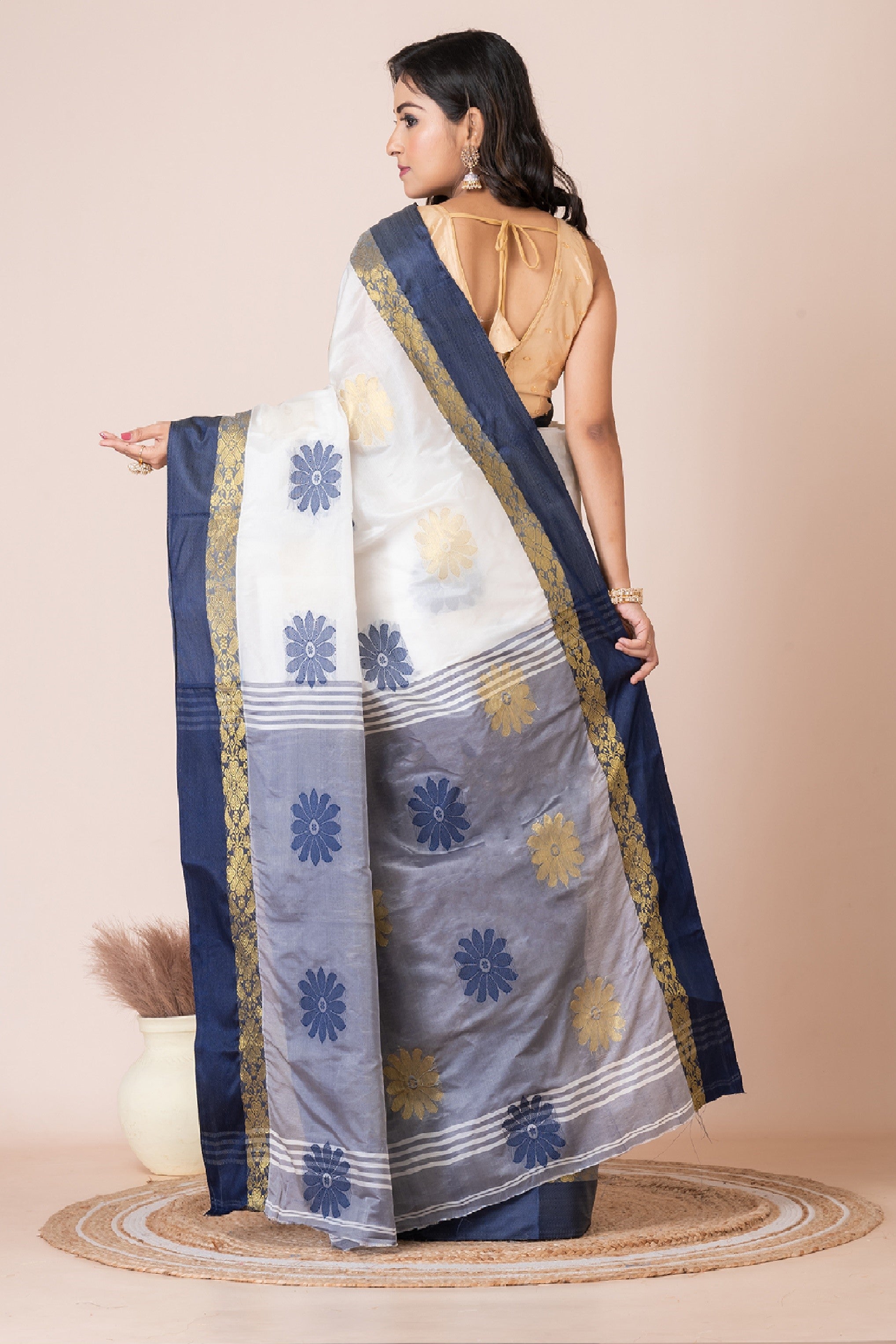 Off White & Grey silk floral design zari work Tussar saree