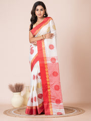 White & Red silk floral design zari work Tussar saree