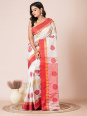 White & Red silk floral design zari work Tussar saree