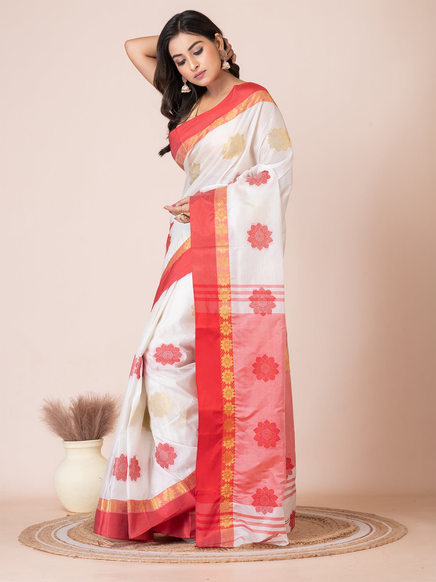 White & Red silk floral design zari work Tussar saree