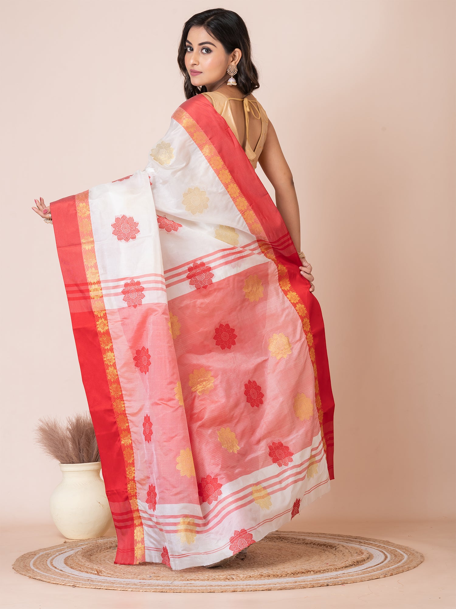 White & Red silk floral design zari work Tussar saree