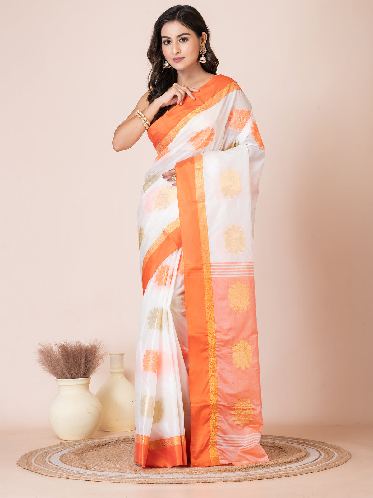 White & Orange silk floral design zari work Tussar saree