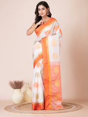 White & Orange silk floral design zari work Tussar saree