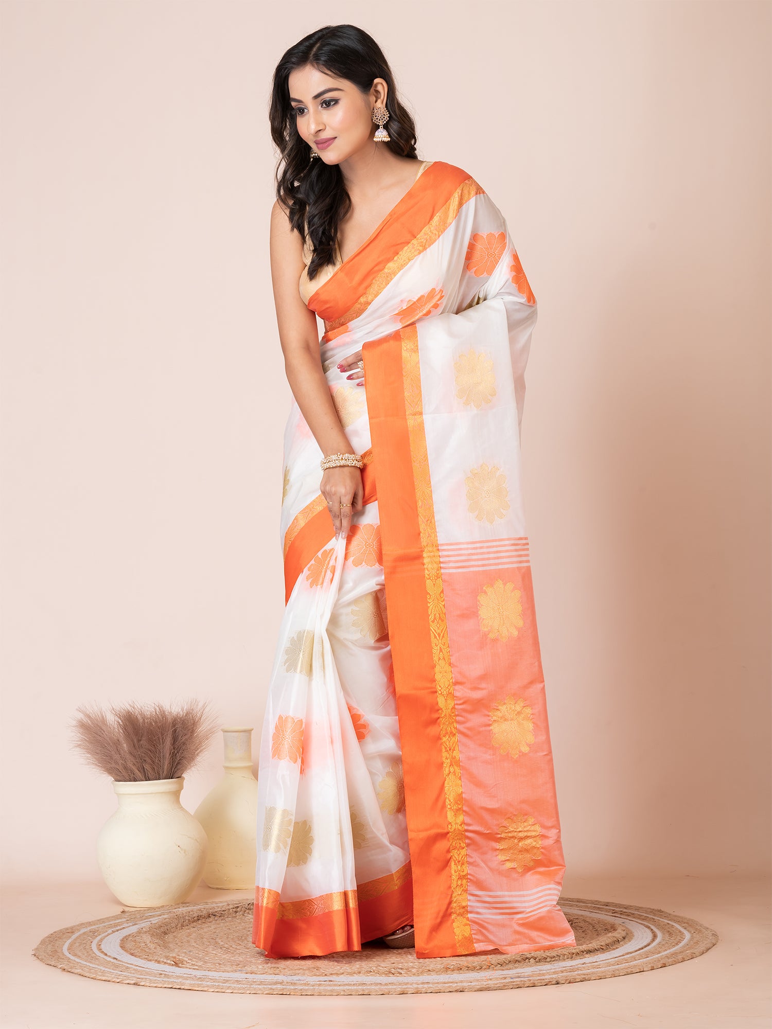 White & Orange silk floral design zari work Tussar saree