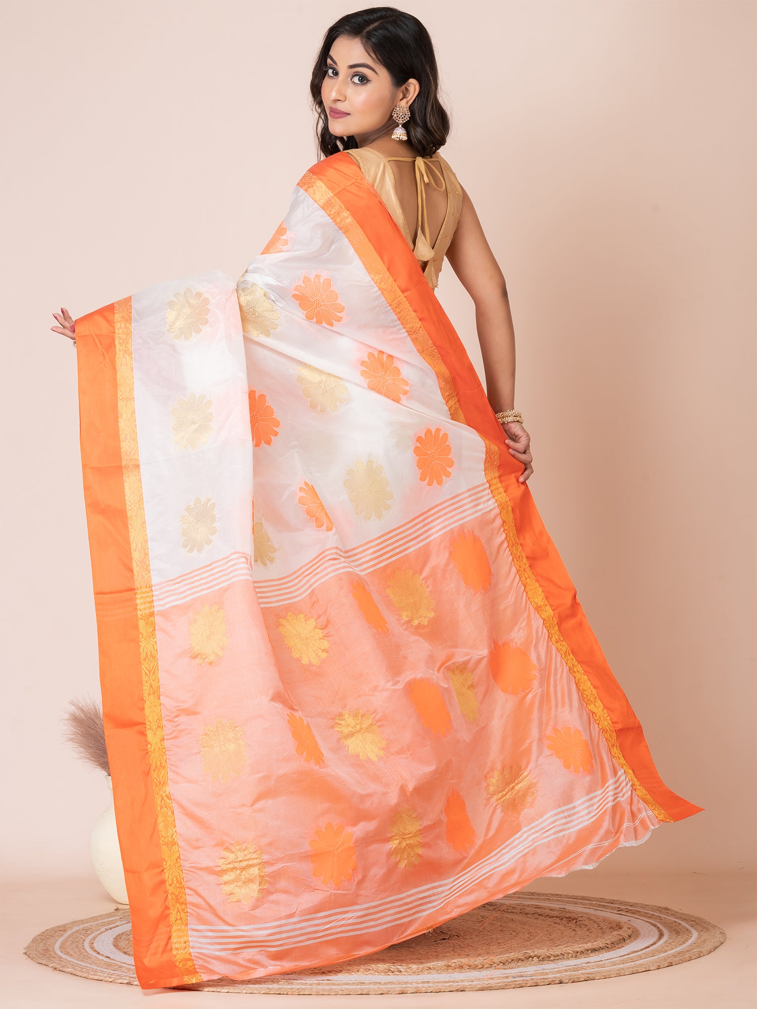 White & Orange silk floral design zari work Tussar saree