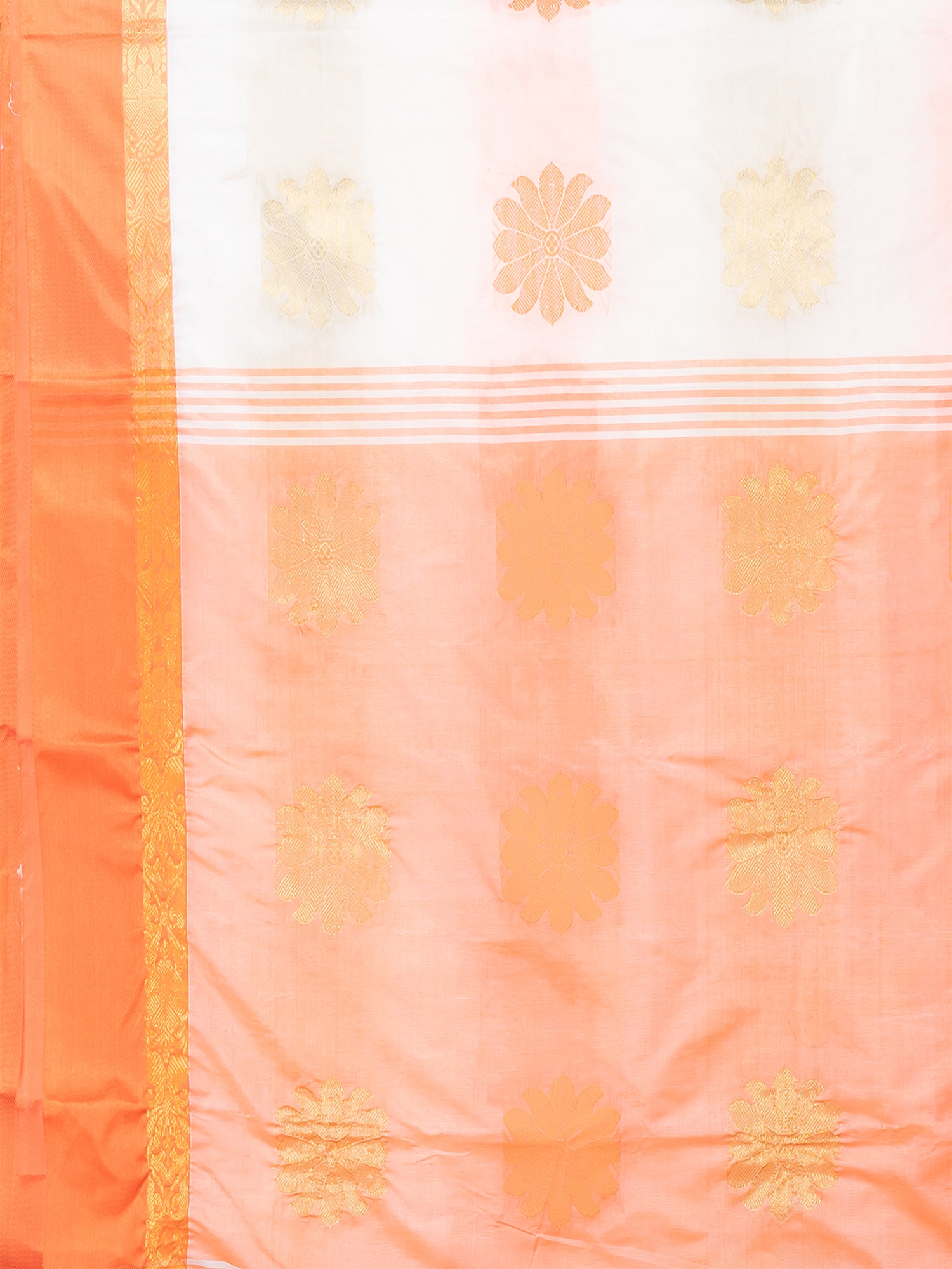 White & Orange silk floral design zari work Tussar saree