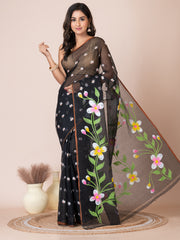 Black & Multi floral design hand embroided Resham kota Hand Painted saree