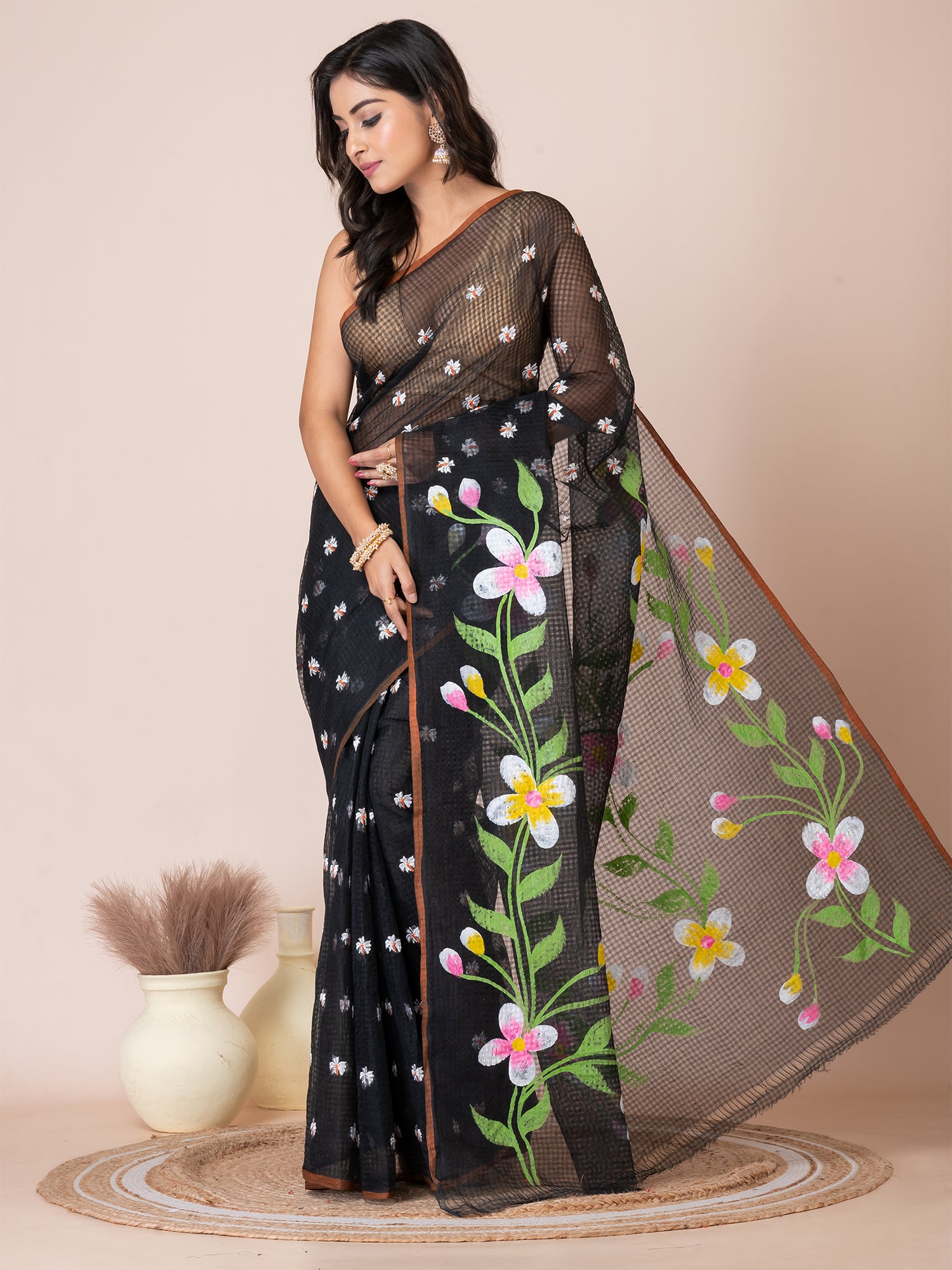 Black & Multi floral design hand embroided Resham kota Hand Painted saree