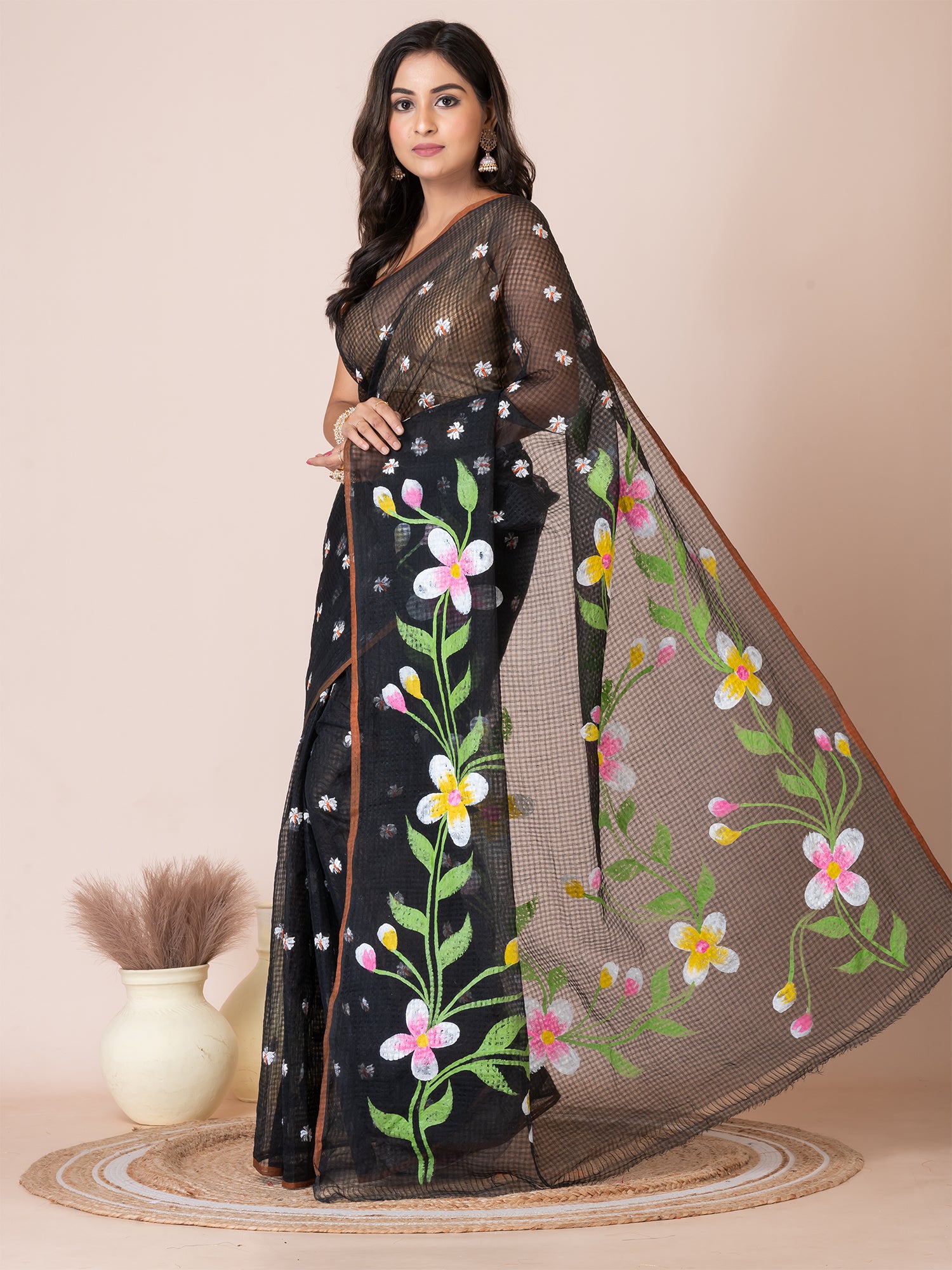 Black & Multi floral design hand embroided Resham kota Hand Painted saree