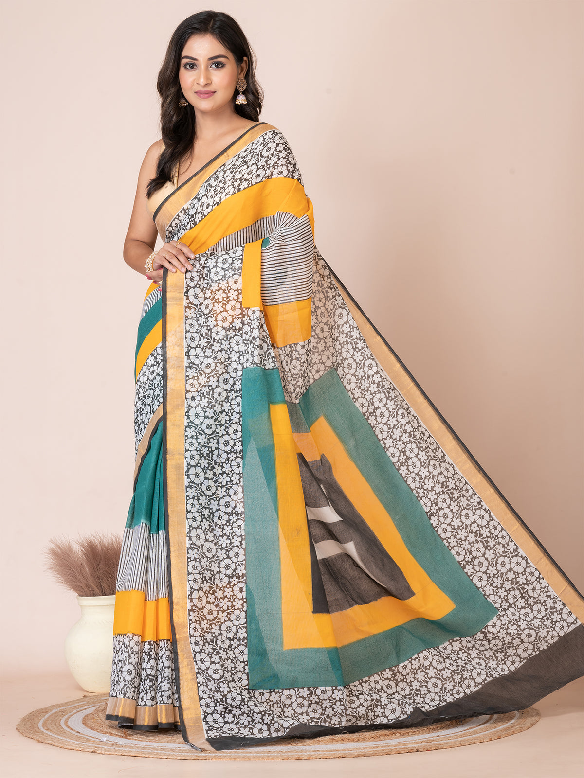 Green & Multi floral Swastik design cotton hand painted saree