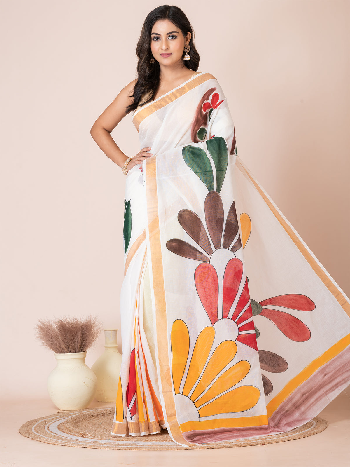 White & Multi floral design cotton hand painted saree