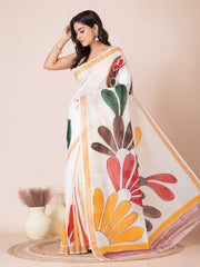 White & Multi floral design cotton hand painted saree