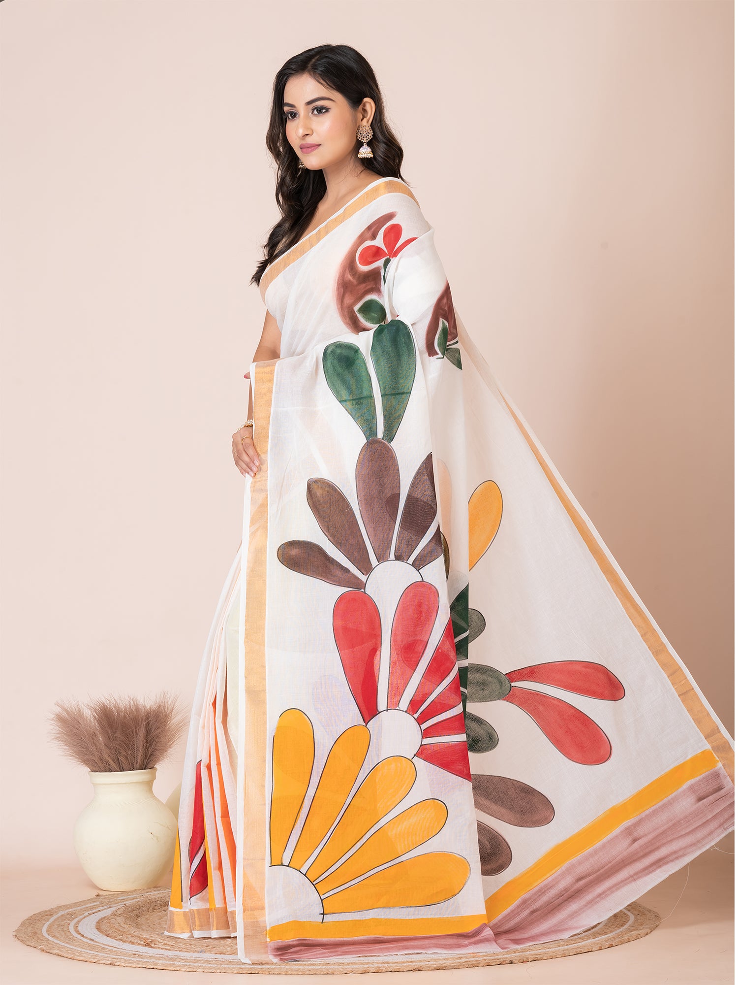 White & Multi floral design cotton hand painted saree