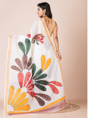 White & Multi floral design cotton hand painted saree