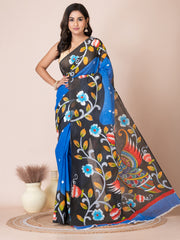 Blue & Multi Kalamkari Peacock design cotton hand painted saree