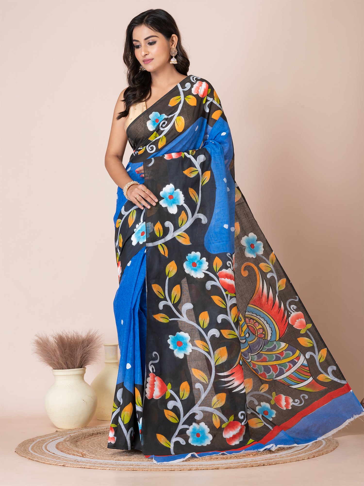 Blue & Multi Kalamkari Peacock design cotton hand painted saree