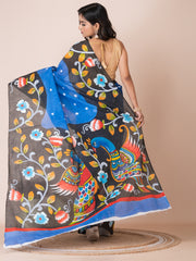 Blue & Multi Kalamkari Peacock design cotton hand painted saree