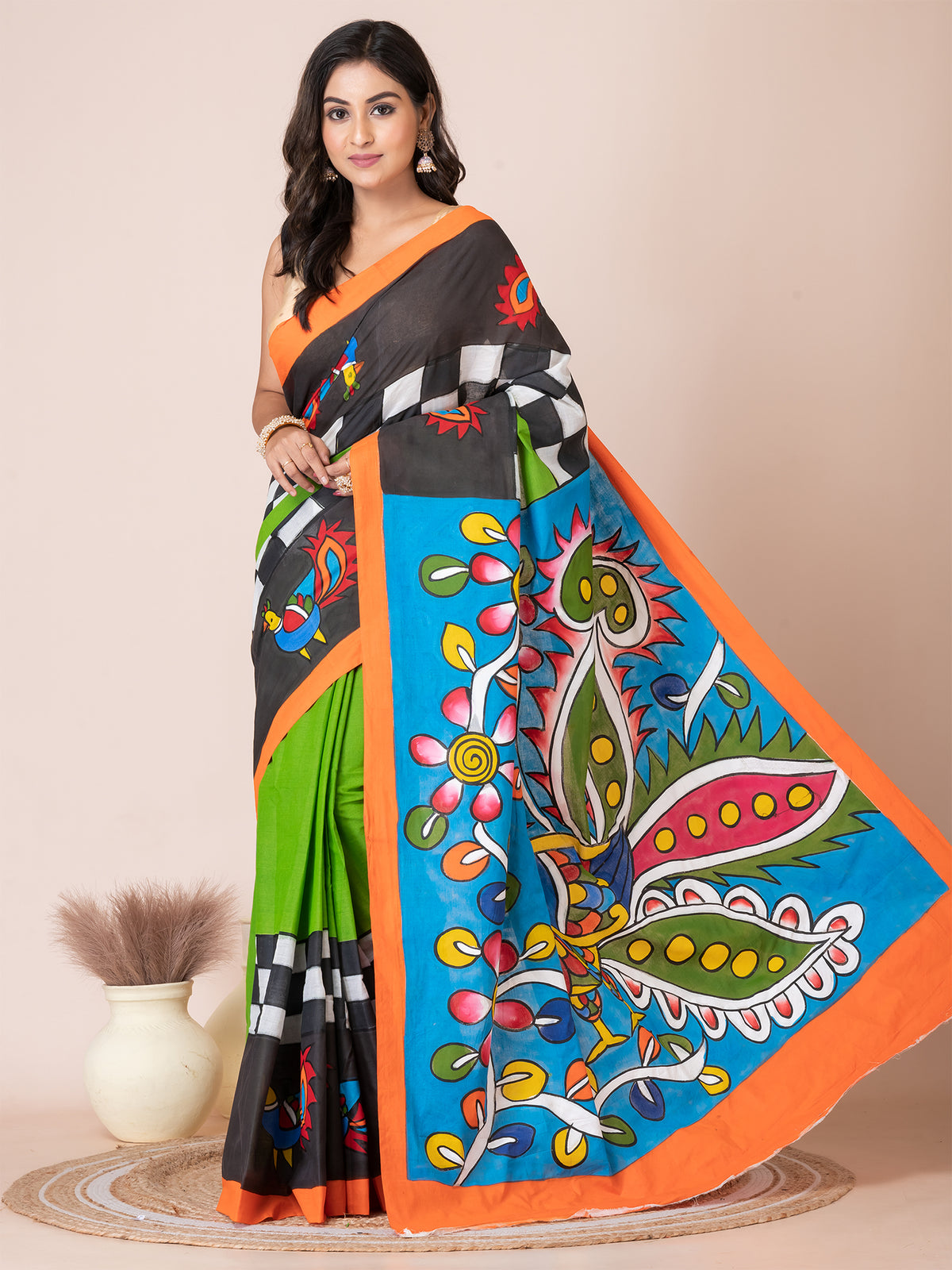 Green & Multi Kalamkari Peacock design cotton hand painted saree