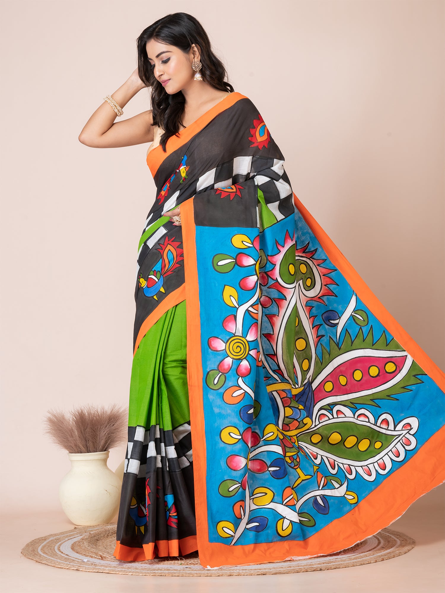 Green & Multi Kalamkari Peacock design cotton hand painted saree