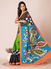 Green & Multi Kalamkari Peacock design cotton hand painted saree