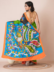 Green & Multi Kalamkari Peacock design cotton hand painted saree