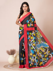 Black & Multi Kalamkari Peacock design cotton hand painted saree