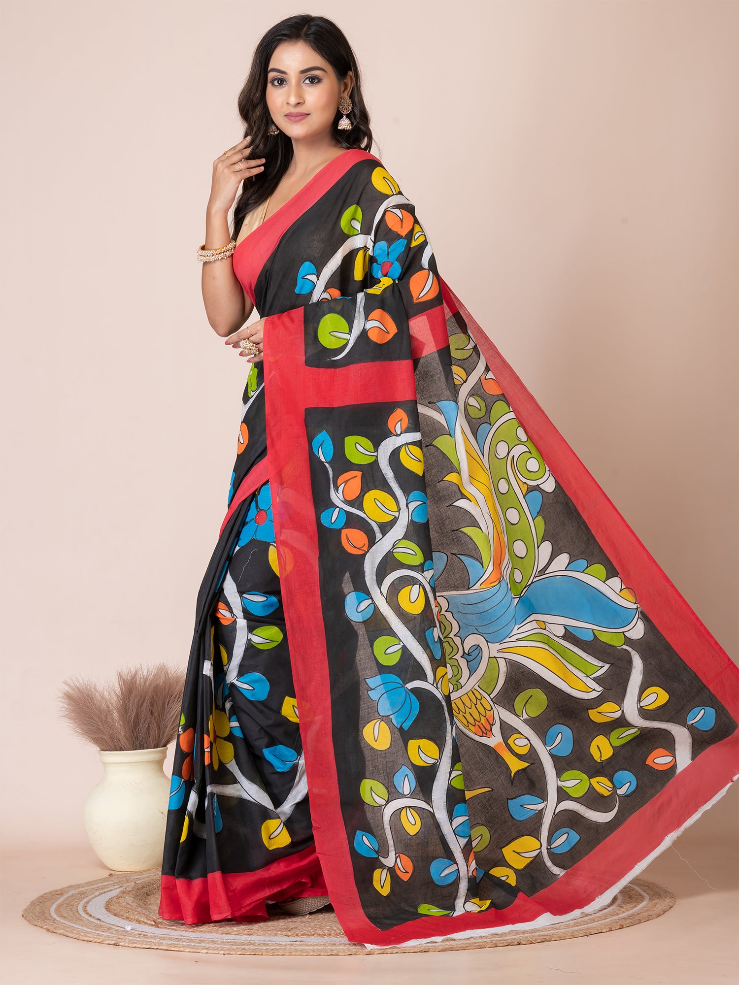 Black & Multi Kalamkari Peacock design cotton hand painted saree