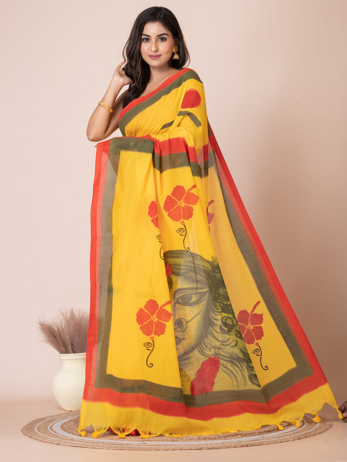 Yellow & Multi pure cotton hand painted saree