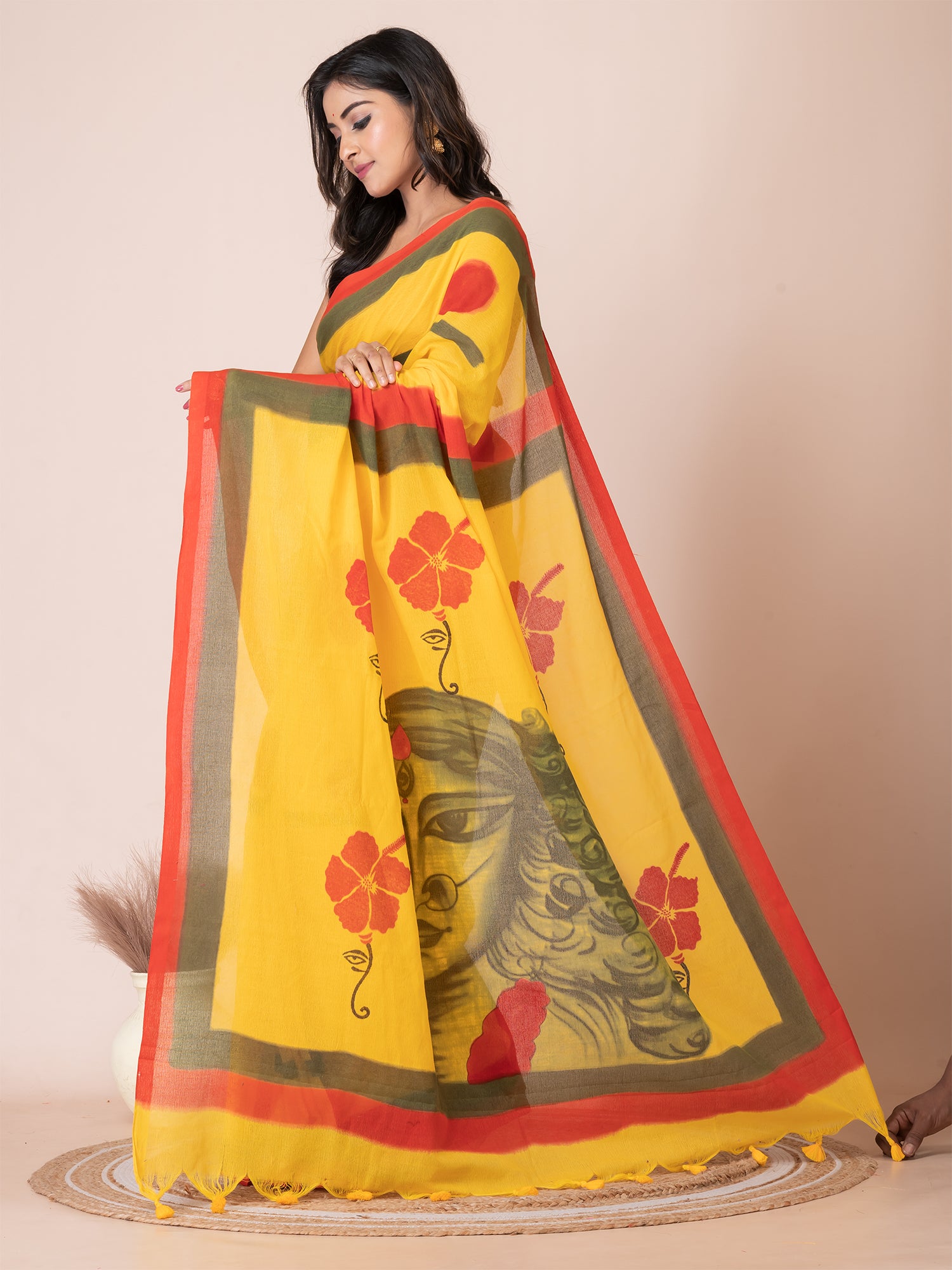 Yellow & Multi pure cotton hand painted saree