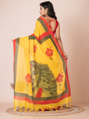 Yellow & Multi pure cotton hand painted saree