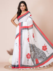 White & Multi pure cotton hand painted saree