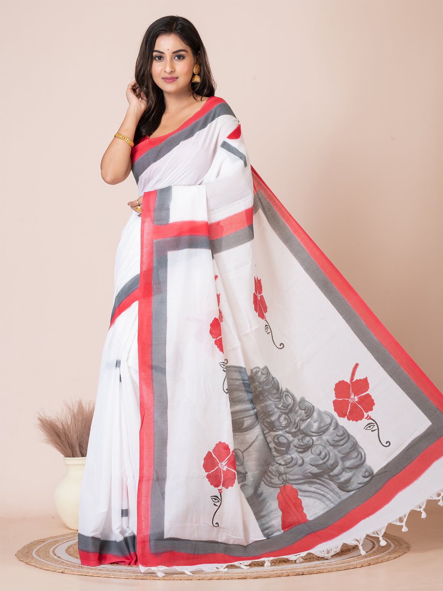 White & Multi pure cotton hand painted saree