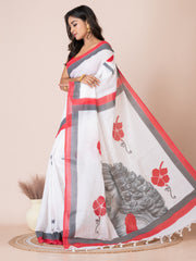 White & Multi pure cotton hand painted saree