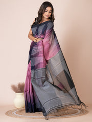 Magenta & Black silk cotton threadwork woven design handloom saree