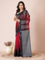 Red & Black silk cotton thread work woven design handloom saree