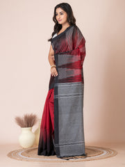 Red & Black silk cotton thread work woven design handloom saree