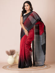 Red & Black silk cotton thread work woven design handloom saree