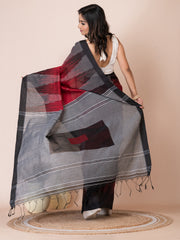 Red & Black silk cotton thread work woven design handloom saree