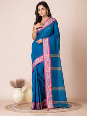 Royal Blue & Magenta silk cotton solid handloom saree