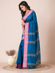 Royal Blue & Magenta silk cotton solid handloom saree