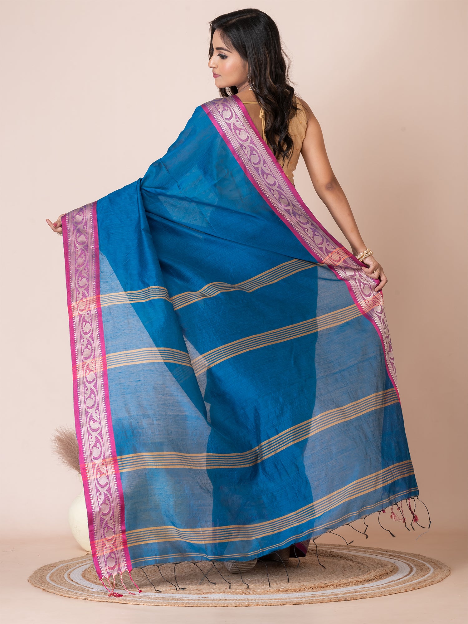 Royal Blue & Magenta silk cotton solid handloom saree